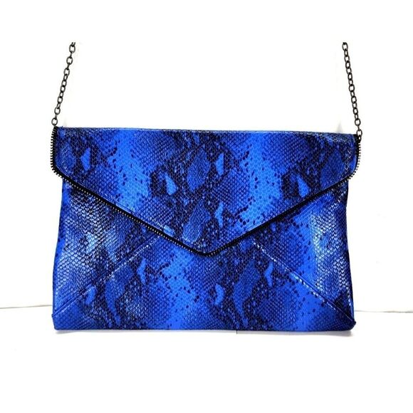 Lily & Ivy Purse Blue Snakeskin Envelope Clutch with Chain-link Shoulder Strap - Picture 3 of 8